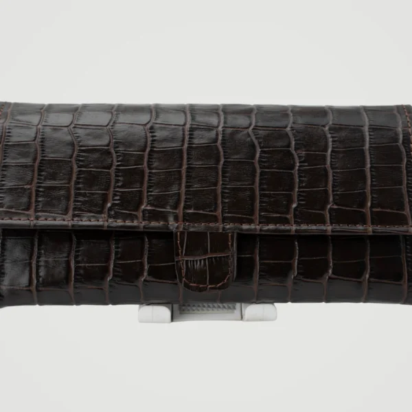Croc-Embossed Leather Clutch Wallet - Dark Brown
